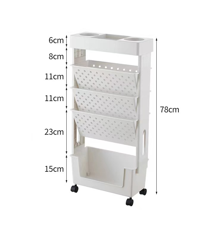 (78x38x17cm) Mobiler Rollwagen Home Regal Aufbewahrungs Organizer mit 5 Ebenen für Küche / Badezimmer / Büro / Kinderzimmer - Weiss