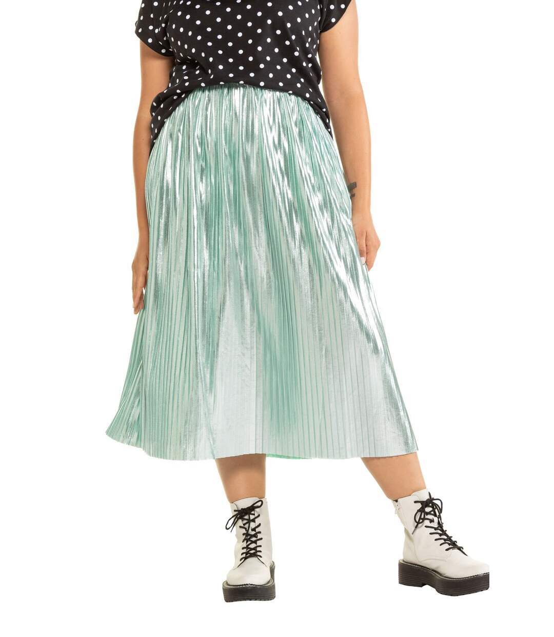 ULLA POPKEN Jupe plissée look métallique ceinture élastique vert