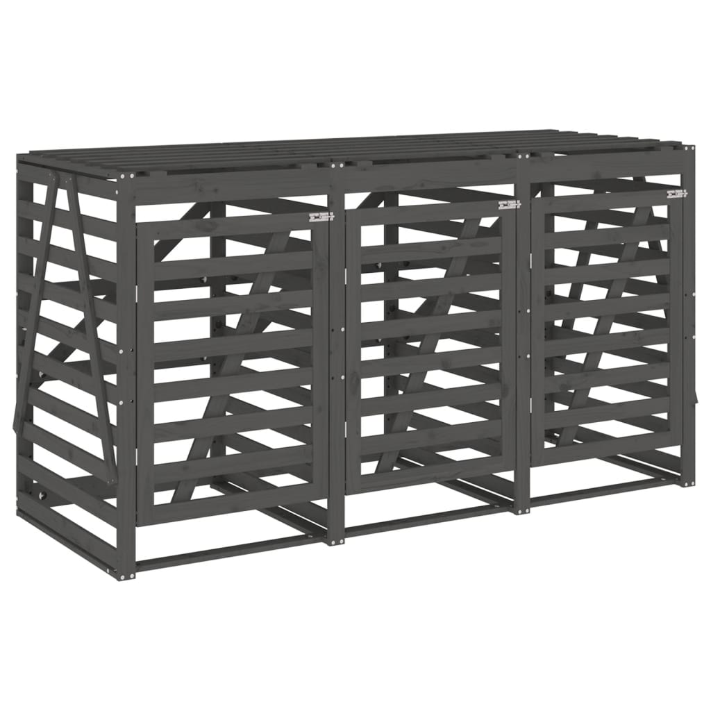 Abri pour poubelle triple sur roulettes gris bois massif de pin
