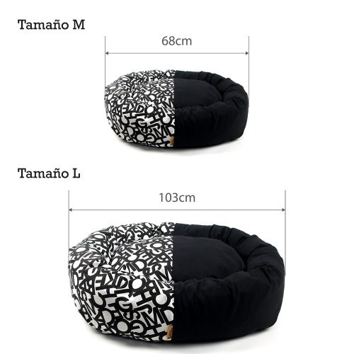 Cama para cachorro em formato de donut com o alfabeto, preta.