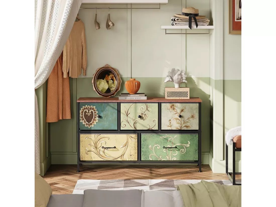 Commode 100 cm, avec 5 tiroirs de rangement, motif vintage - Multicouleur