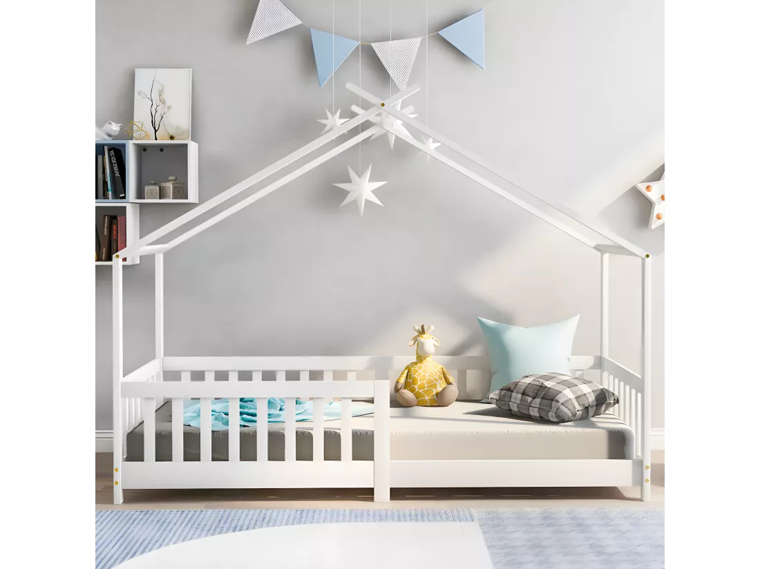 Lit cabane lit enfant 90x200cm en bois massif avec protection antichute et sommier à lattes - Blanc
