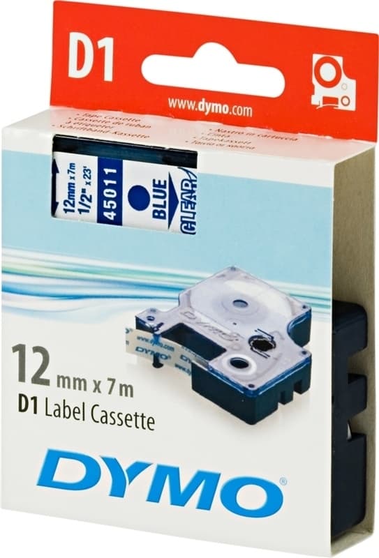 DYMO D1, markeringstape, 12mm, blå tekst på transparent tape, 7m