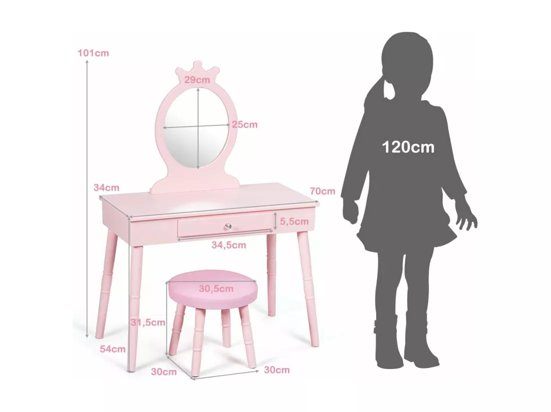 Coiffeuse avec Tabouret de Filles,Table de Maquillage pour Enfants, Style Princesse Européenne avec Tiroir et Miroir (Rose)