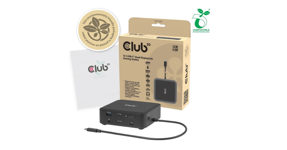 Club 3D12-1 USB-C® Quad DisplayLink Dockingstation  (Zwart)