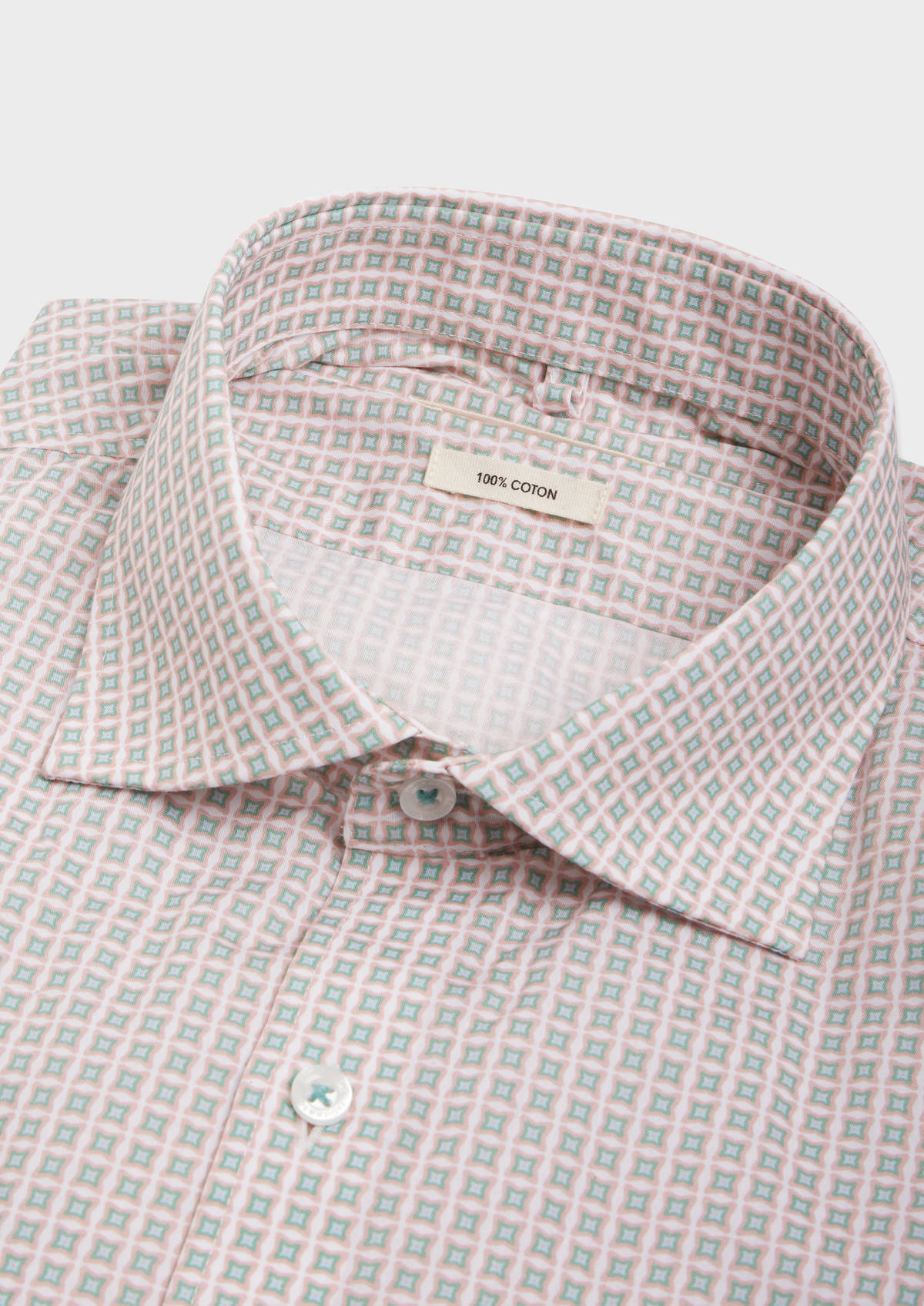 Chemise sport Slim en popeline de coton blanc à motif fantaisie rose, vert et bleu