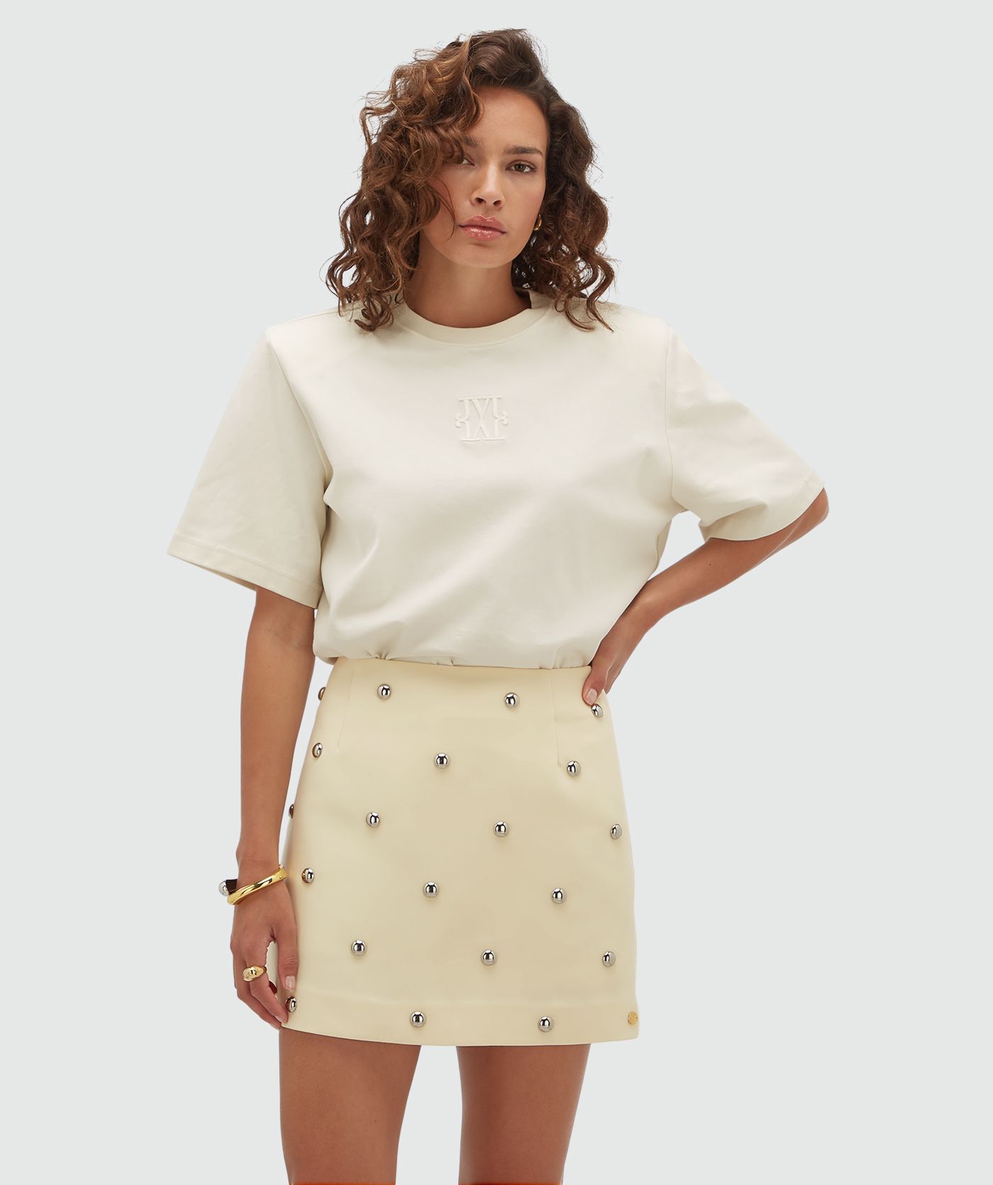 JV-ZENO high waisted rok met studs  - light yellow