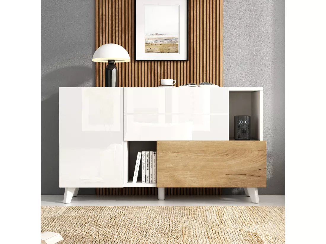 Buffet brillant 130x40x70cm - 2 portes - 2 tiroirs - avec compartiments de rangement - blanc