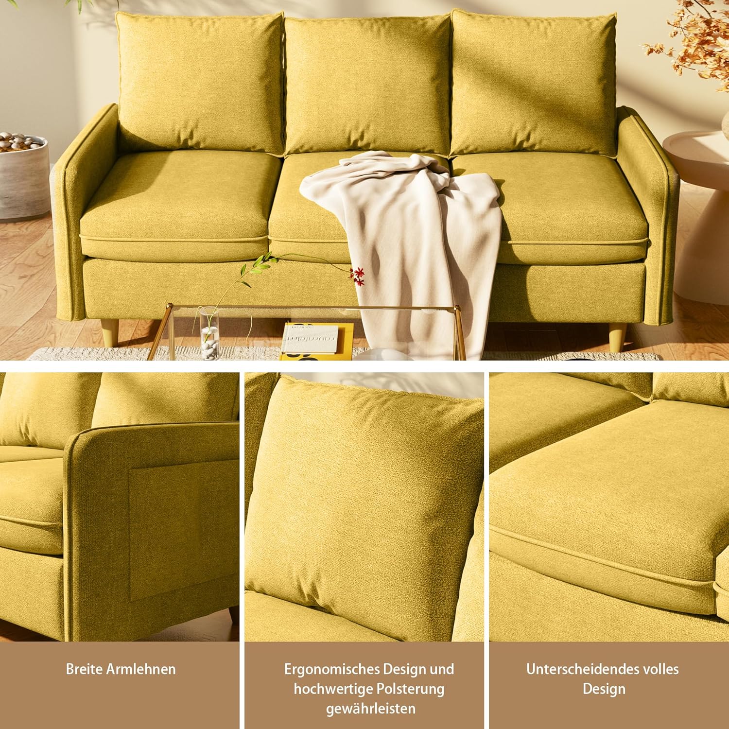 3-Sitzer +2-Sitzer Sofa, Kleines Sofa mit Massivholzbeinen und Seitentaschen, Abnehmbare Bezüge, Kurzplüschstoff Couch für Wohnzimmer, Schlafzimmer, Büro, Wohnung,Gelb (221+147 cm)