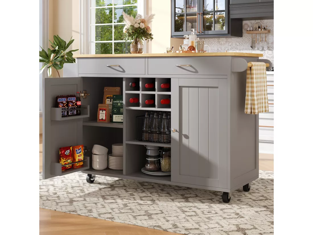 Ilot central de cuisine mobile avec 2 portes et 2 tiroirs - 102x45x92 cm - Bois MDF - Gris et naturel