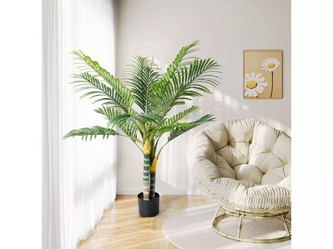 Plante artificielle vert - Palmier en pot H 120 cm - très réaliste palmier - 2 tronc et 15 feuilles - avec pot