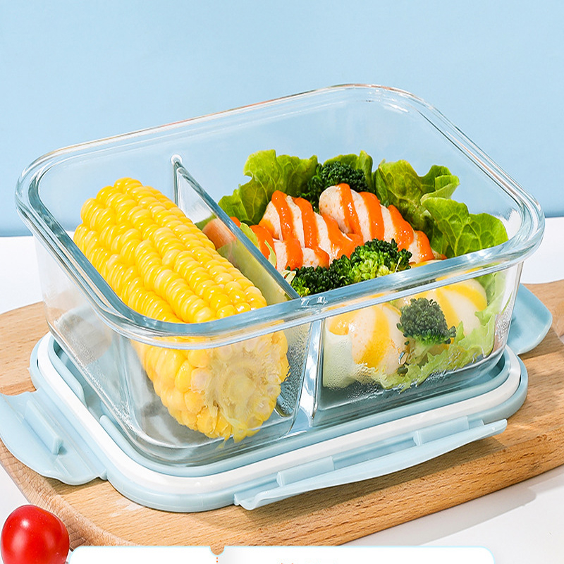 (1l) Glas Frischhalte Dose Auslaufsichere Lunch Box Aufbewahrungs Behälter mit 2 Fächern / Deckel - Blau