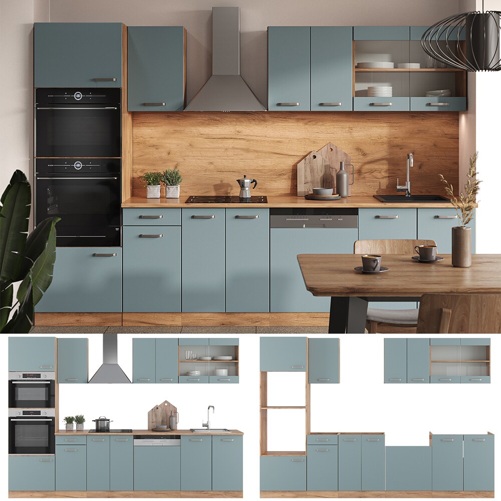 Vicco Küchenzeile R-Line Solid Eiche Blau Grau 300 cm modern Küchenschränke Küchenmöbel