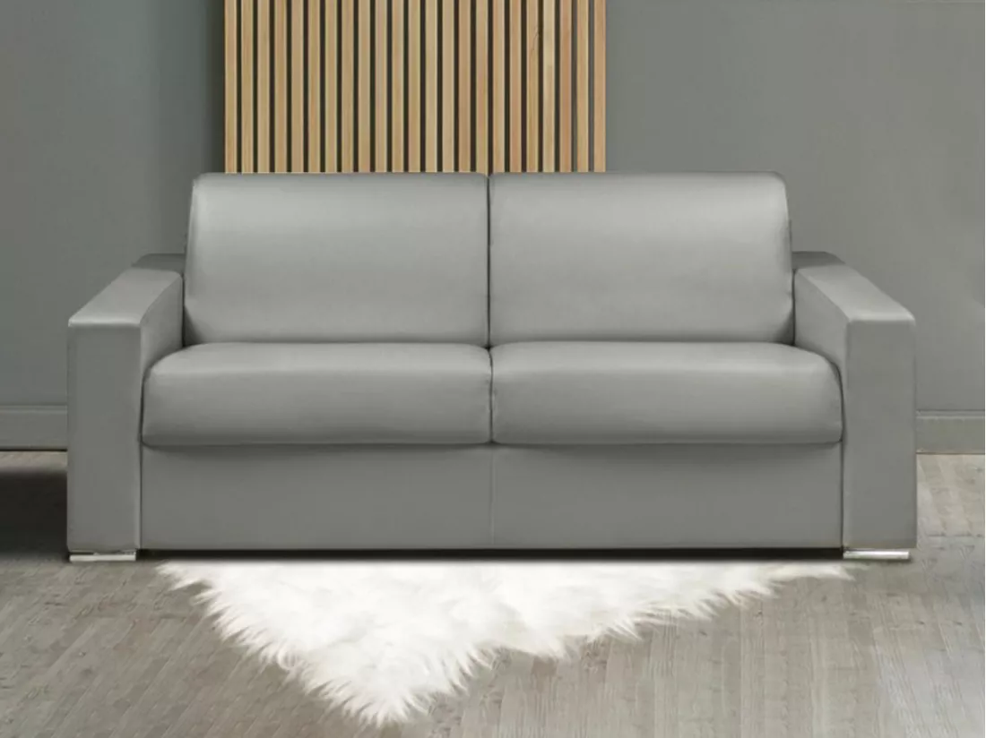 Canapé 3 places convertible express en simili gris - Couchage lattes larges 140 cm - Matelas 22 cm avec mémoire de forme CALITO
