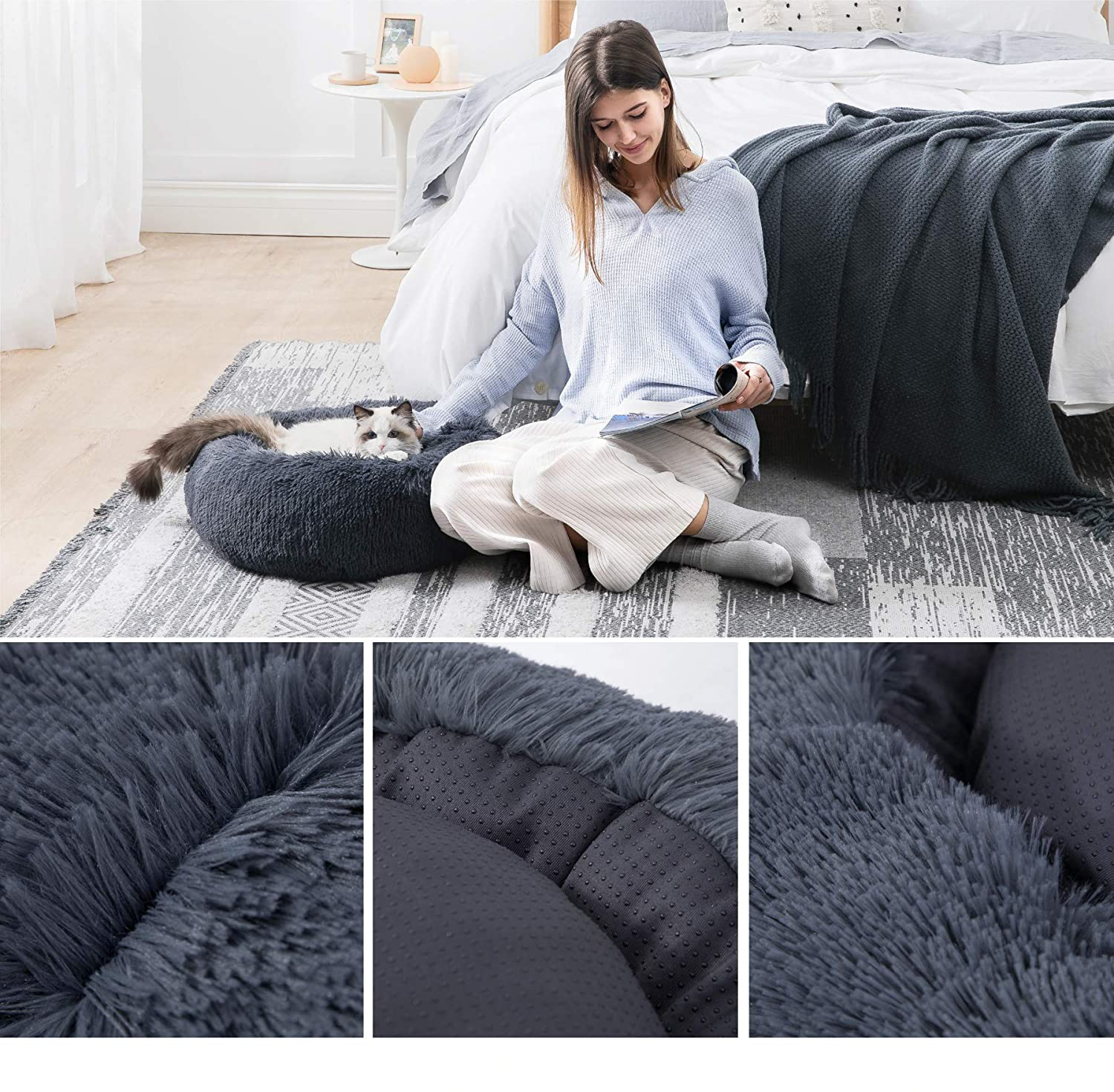 (Ø50cm) Flauschiges Katzen Donut Kissen Fluffy Kuschel Hunde Bett - Grau