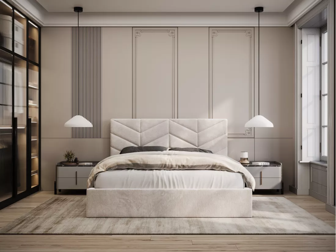 Lit coffre 160 x 200 cm - Tissu texturé - Crème + Matelas - JUSTANI
