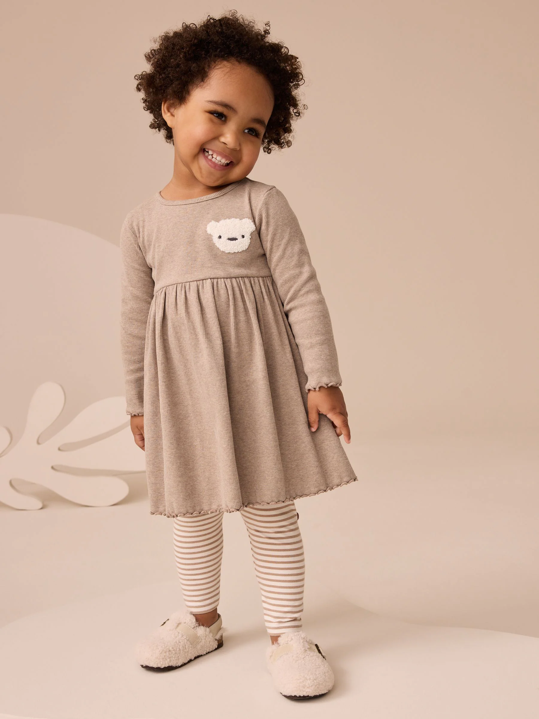 Neutraal met beren - Set met jurk met lange mouwen en legging (3mnd-7jr)