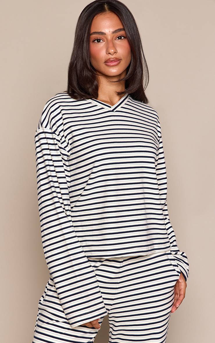 Crème Top Court Col V À Rayures Doux Petite Taille