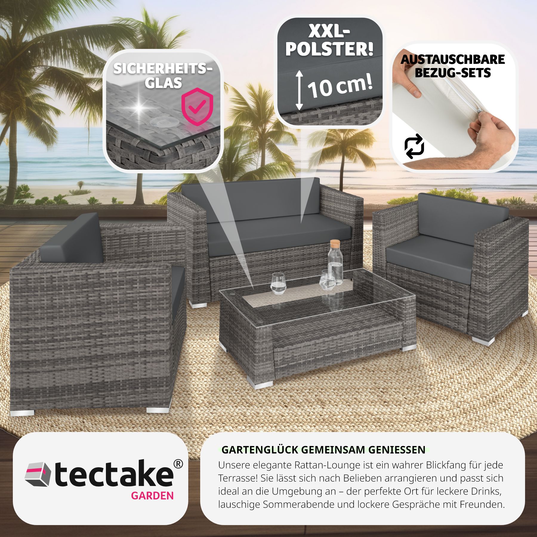 tectake® Rattan Lounge, mit Aluminiumgestell, wetterfest und UV-beständig, mit Sicherheitsglasplatte