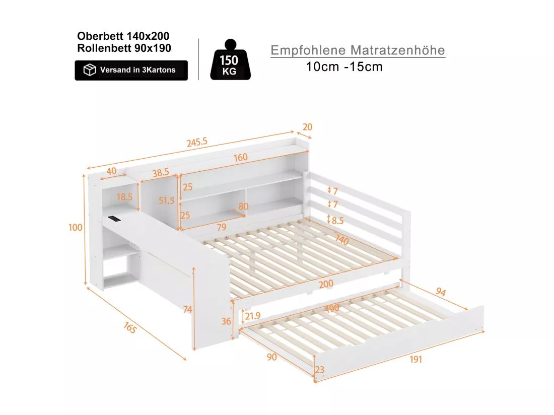 Canapé convertible en bois massif 140x200 cm - avec bureau + bibliothèque - compartiments de rangement + étagères - avec prises - avec lit gigogne - blanc