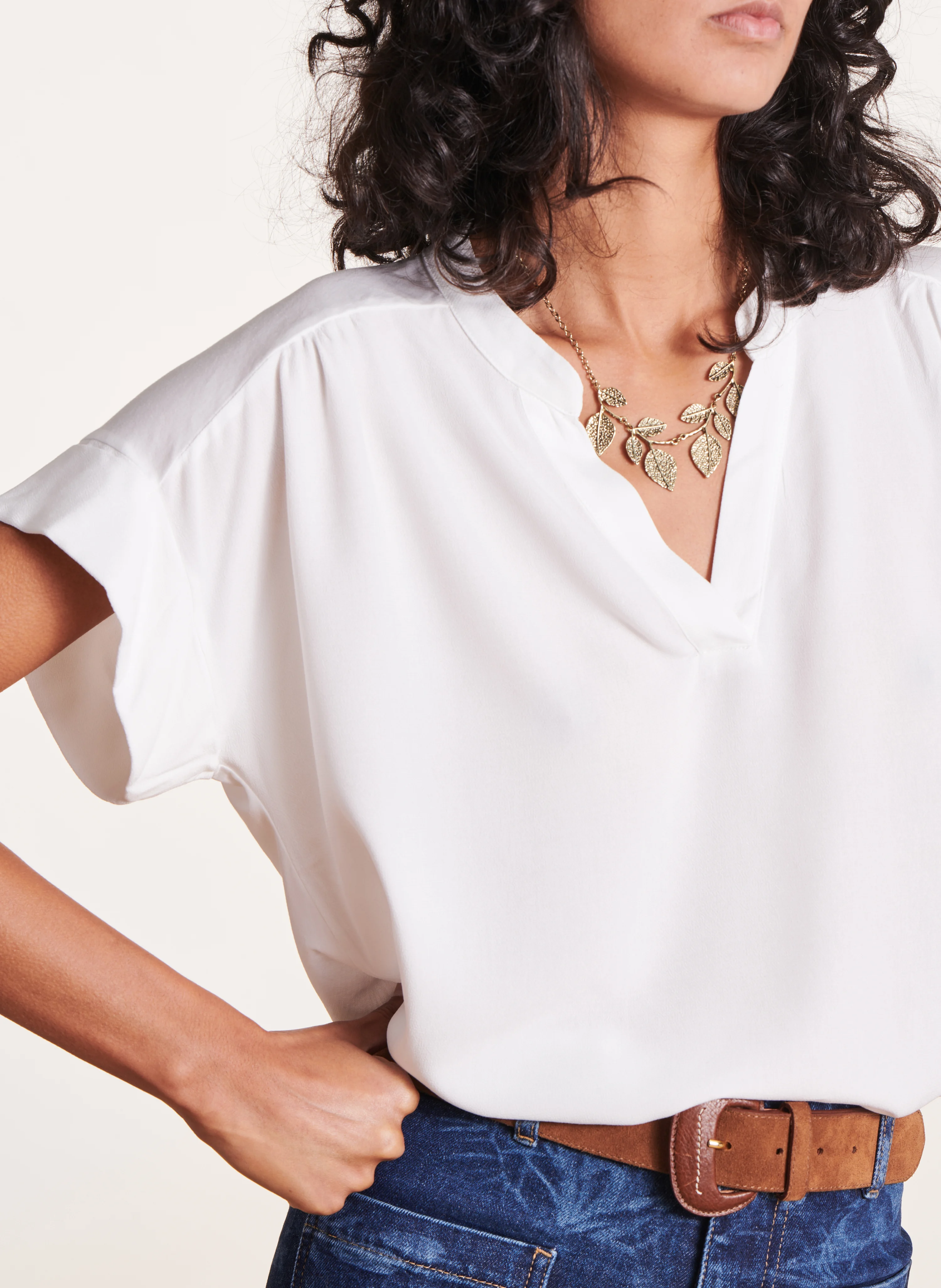 Tee-shirt ample col V bi-matières | Blanc