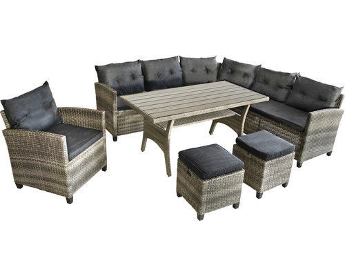 Tuinset voor 6 personen, bestaande uit: 2 banken, 1 hoekmodule, fauteuil, 2 krukken, tafel. Polyrotan, aluminium, grijs.