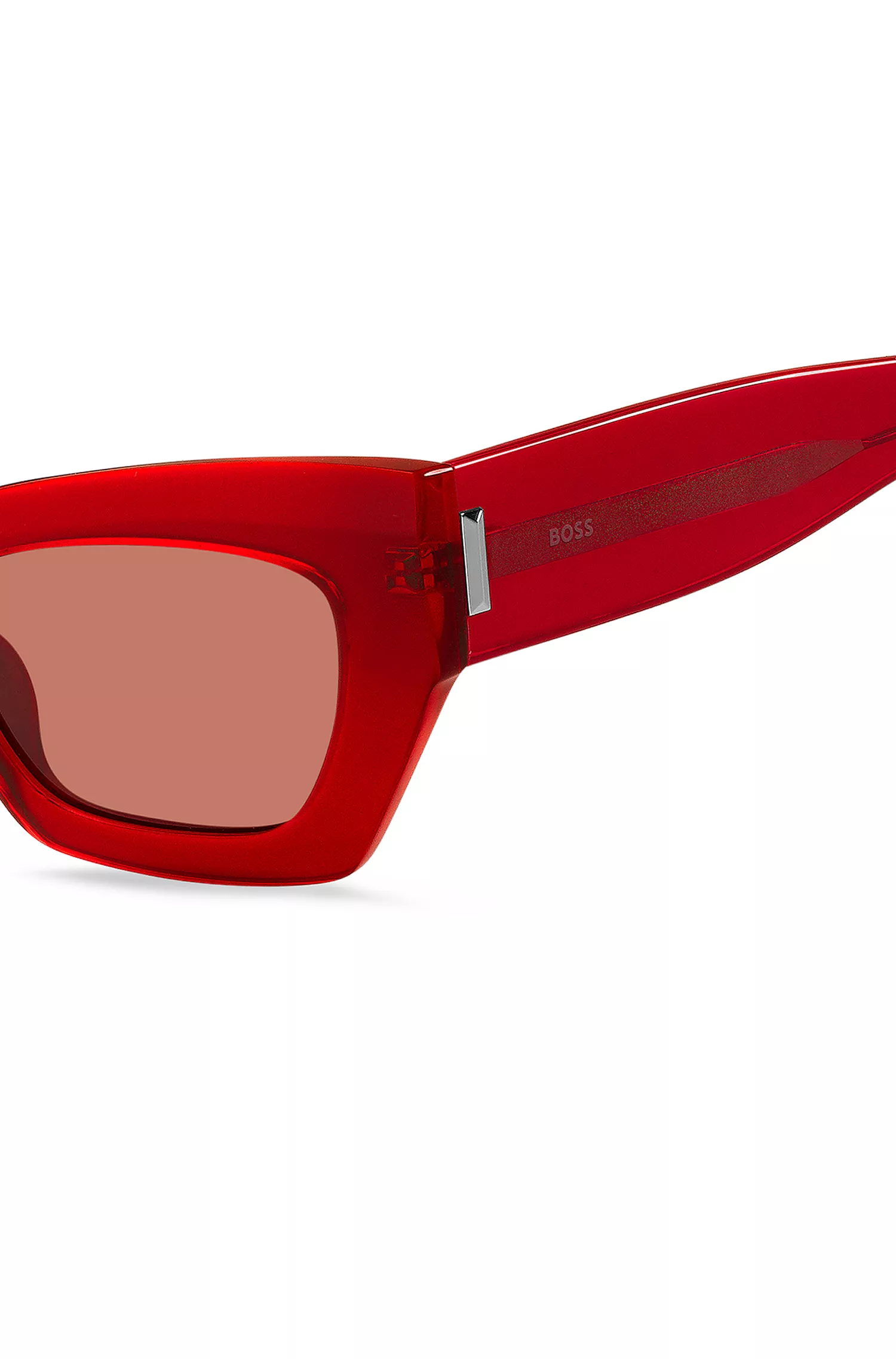 Óculos de sol BOSS em acetato preto e vermelho com detalhes exclusivos.