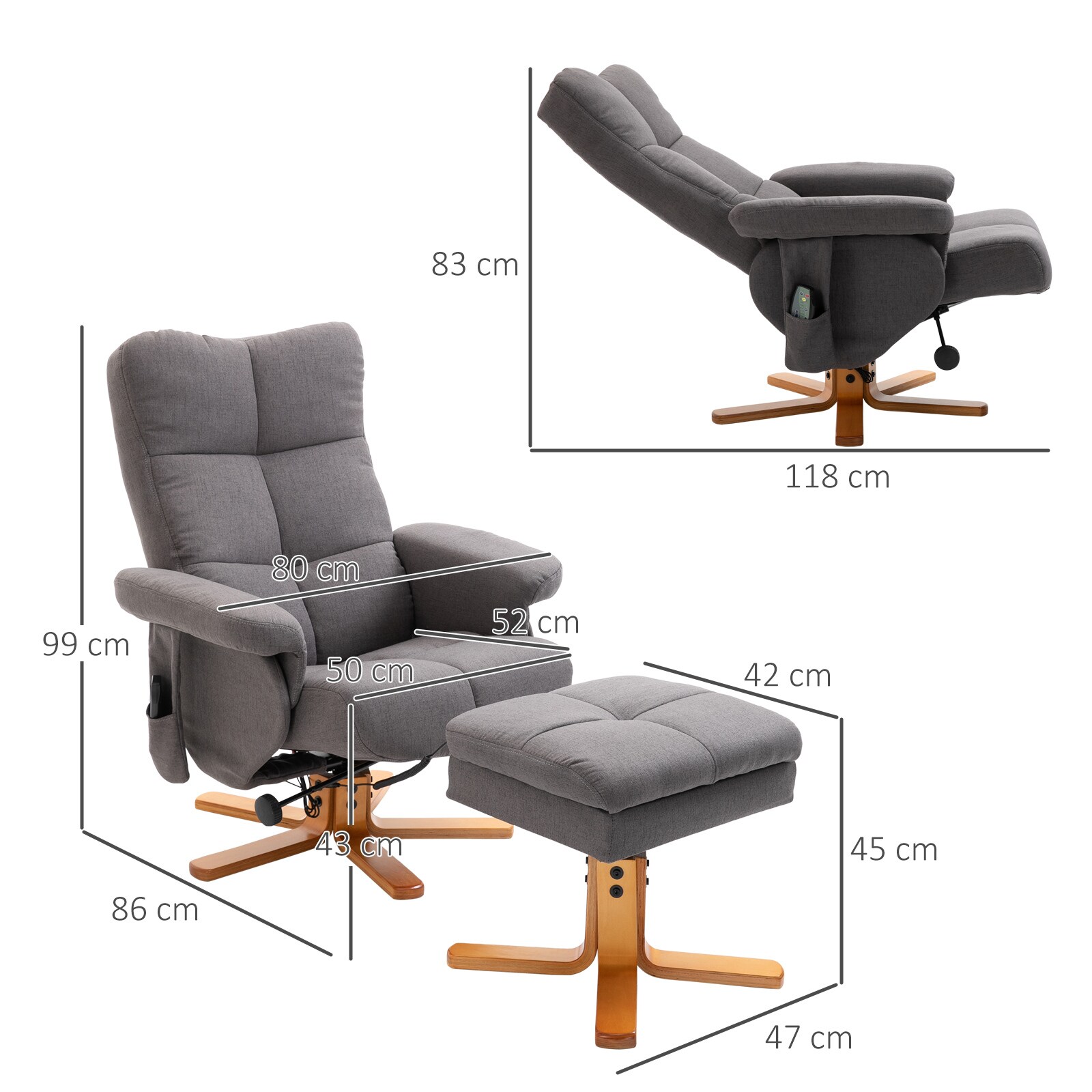 HOMCOM Massagestuhl mit Fußhocker und Stauraum B80 x T86 x H99 cm, B80 x T118 x H83 cm
