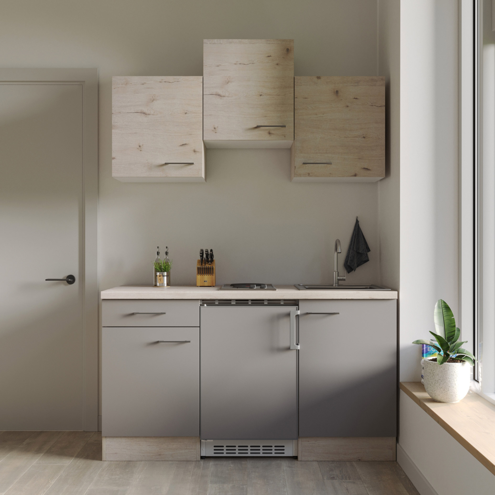 Küchenblock RIVA - Quarz Cubanit - San Remo Eiche hell - mit E-Geräten - 150 cm
