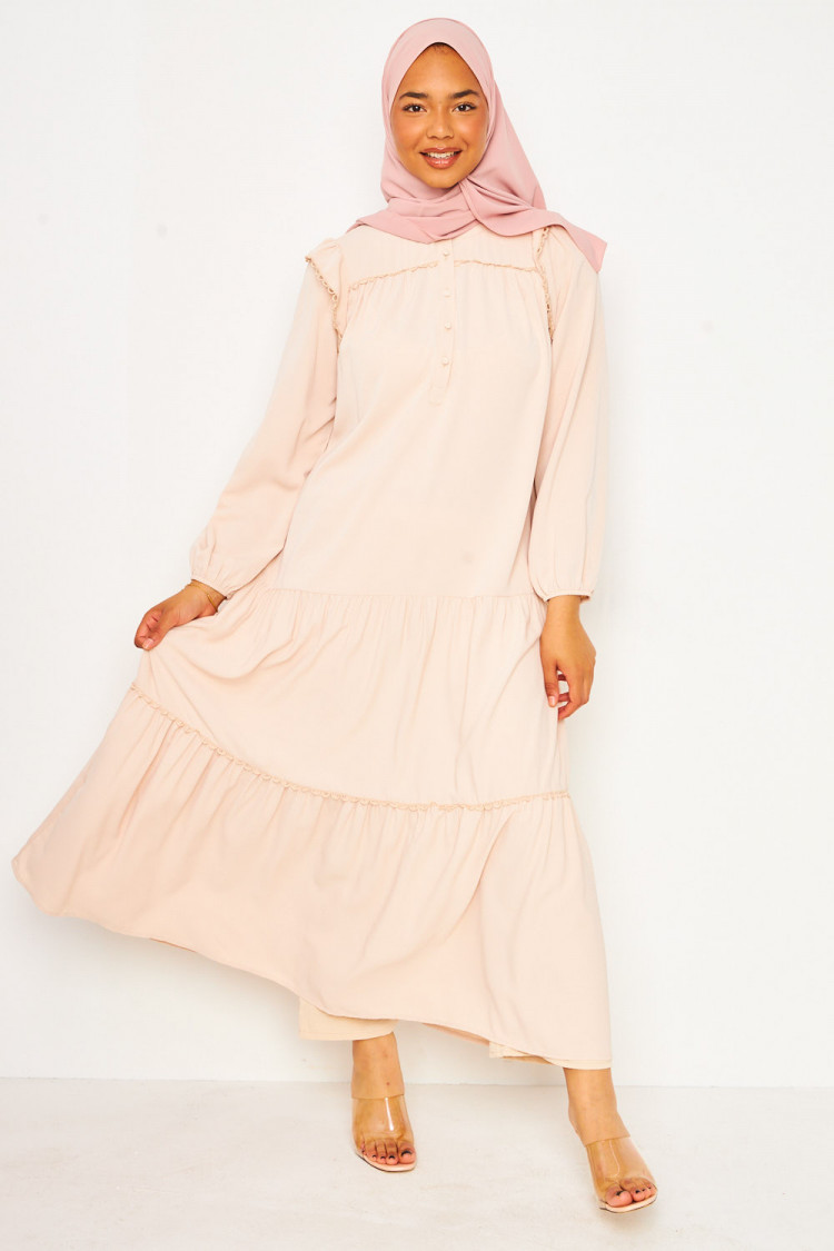 Abaya longue beige clair à détails crochet