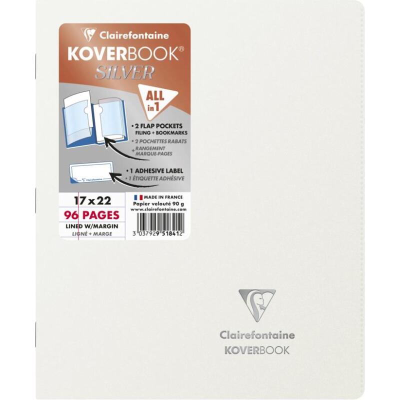 Cahier piqué Koverbook Silver 17x22 cm 96 pages ligné + marge couverture polypropylène opaque - Assortis
