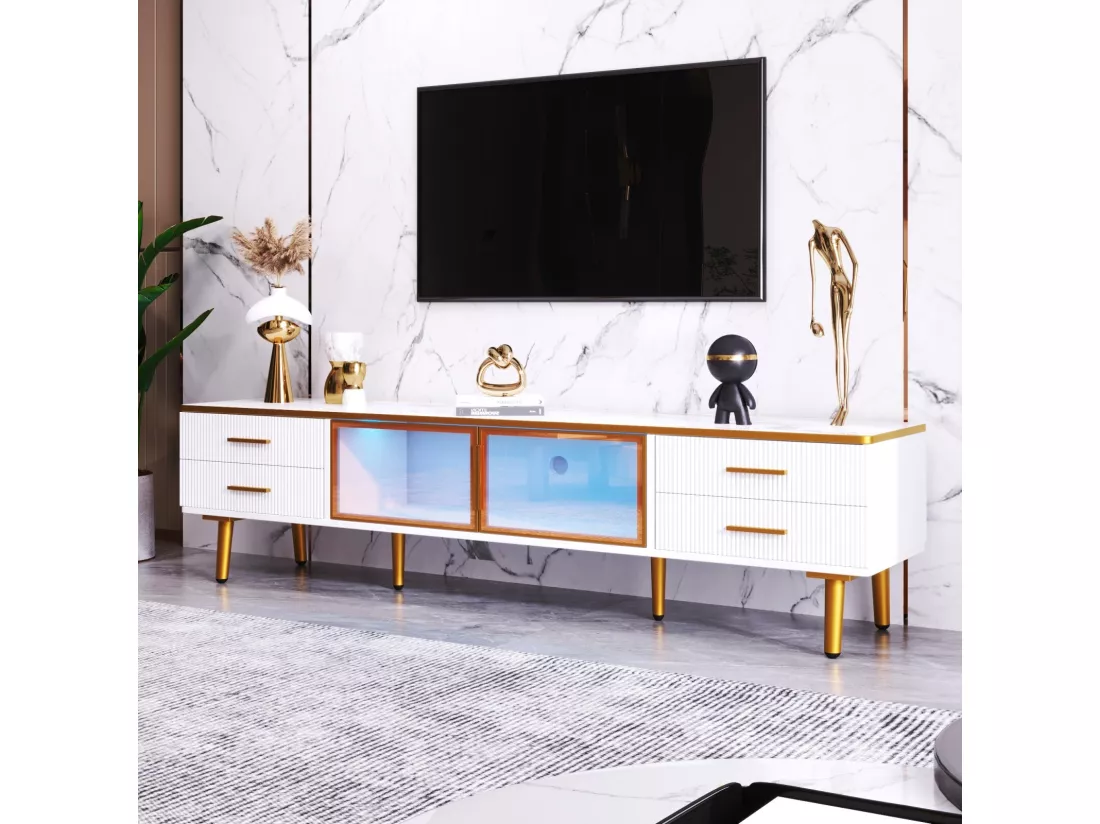 Ensemble Table basse + Meuble TV avec LED 4 tiroirs et 1 niches, plateau de table avec structure en marbre