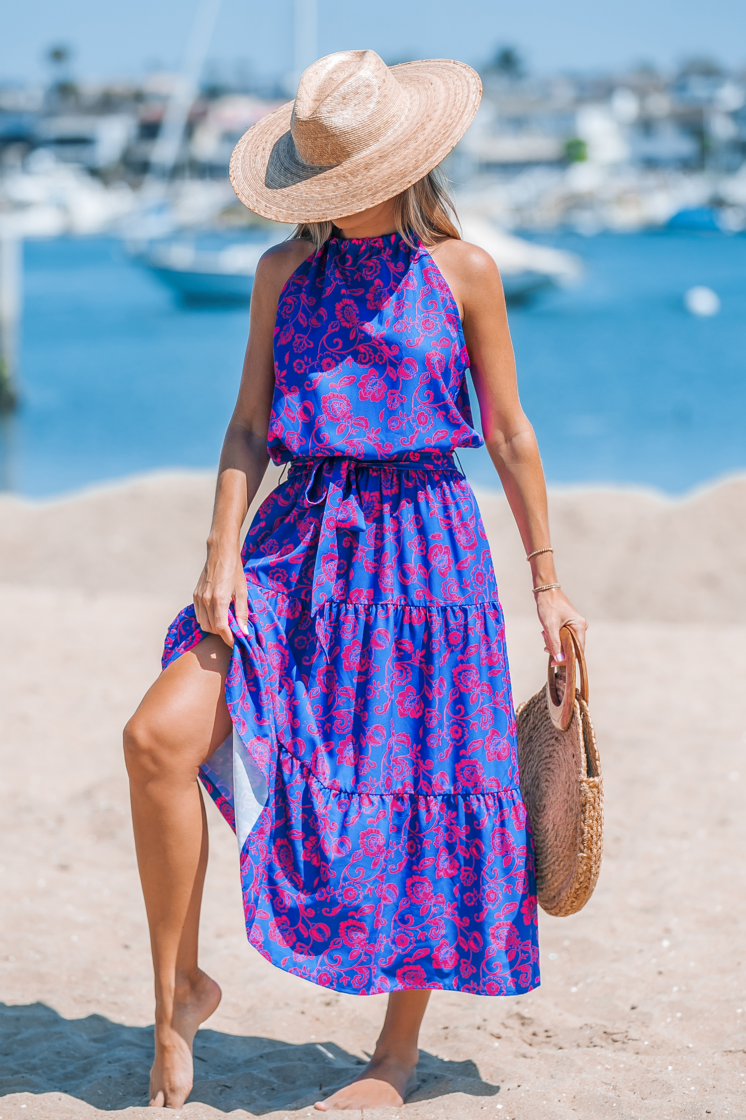Robe midi sans manches à col rond et fleurs