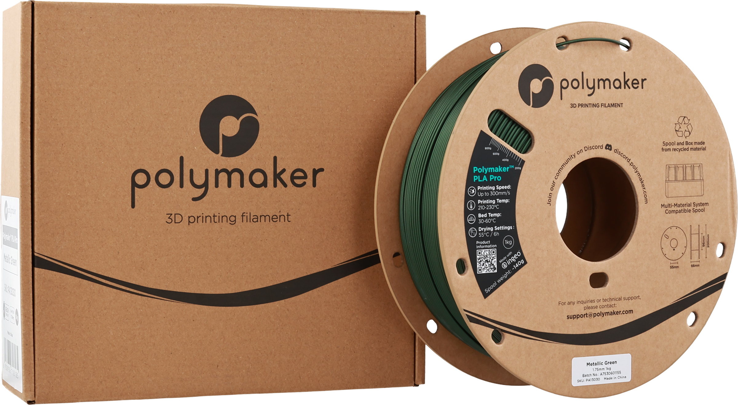 Polymaker  PLA Pro Metallic Green, 1,75 mm / 1000 g    Neue, verbesserte Formulierung: Hochleistungs-High Speed-PLA in Metallic Green