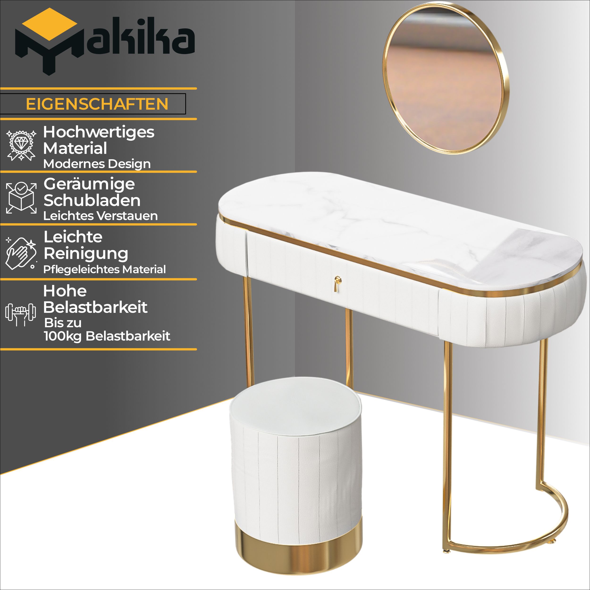 Makika Schminktisch JOLIE aus Kunstleder mit Sitzhocker und Spiegel