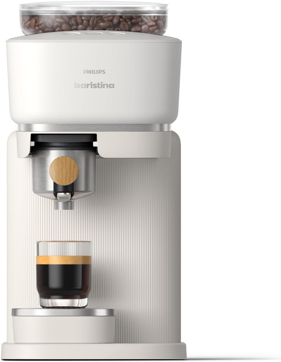 Philips Baristina Espressomaschine - Real Espresso, made simple. Kompakte Kaffeemaschine, Naturweiß mit Eschenholz-Siebträger, 16-bar-Pumpendruck, automatisches Mahlwerk, Cafe Crema (BAR302/20)