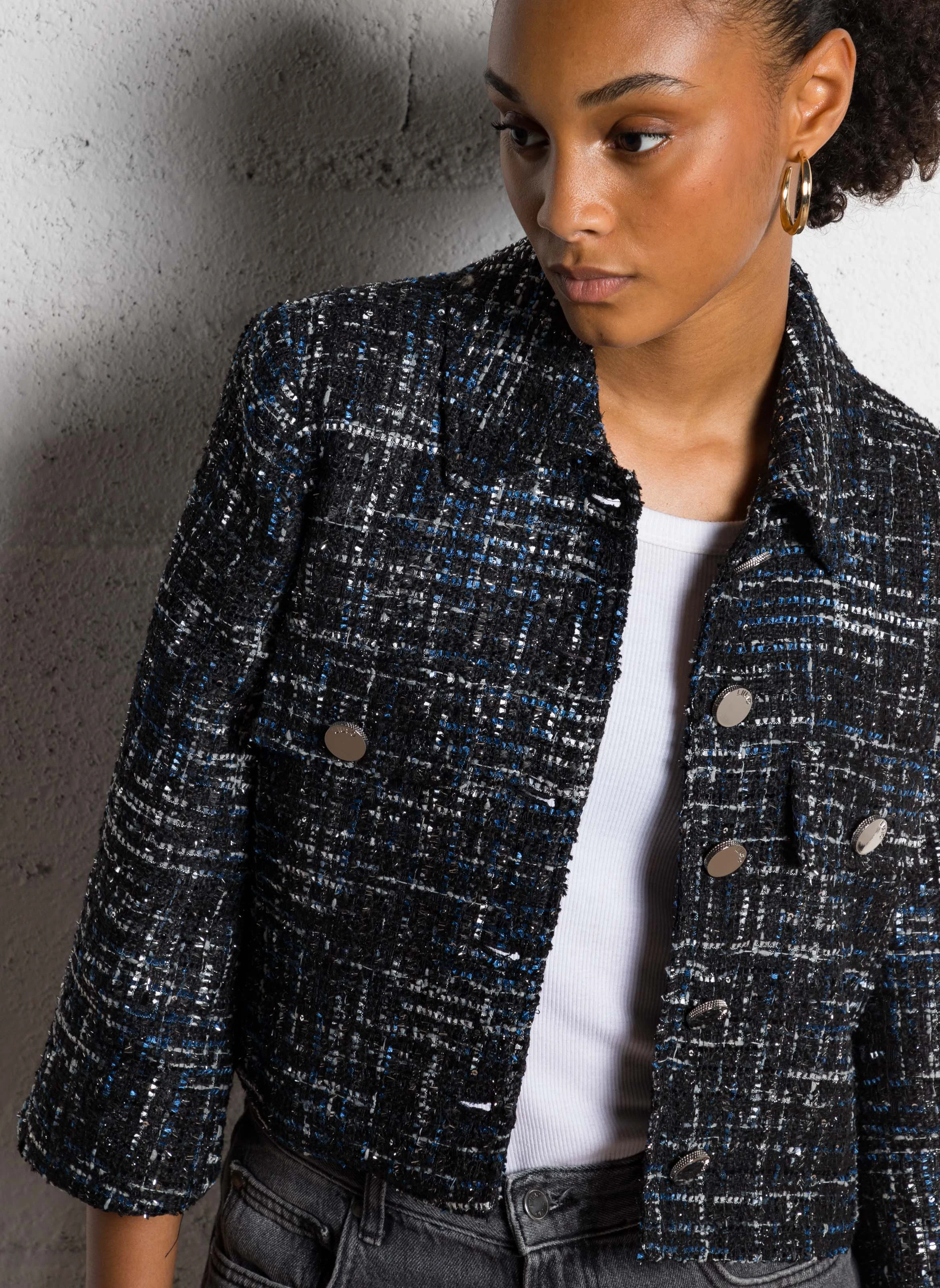 Veste courte col classique en tweed | Noir
