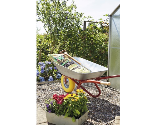 CAPITO Professionele Bouwkruiwagen EXPORT 85 Liter Platte Bak, Volledig Geschuimd PU Wiel met Gegroefd Profiel en Stalen Velg incl. Ergonomische Beukenhouten Handgrepen