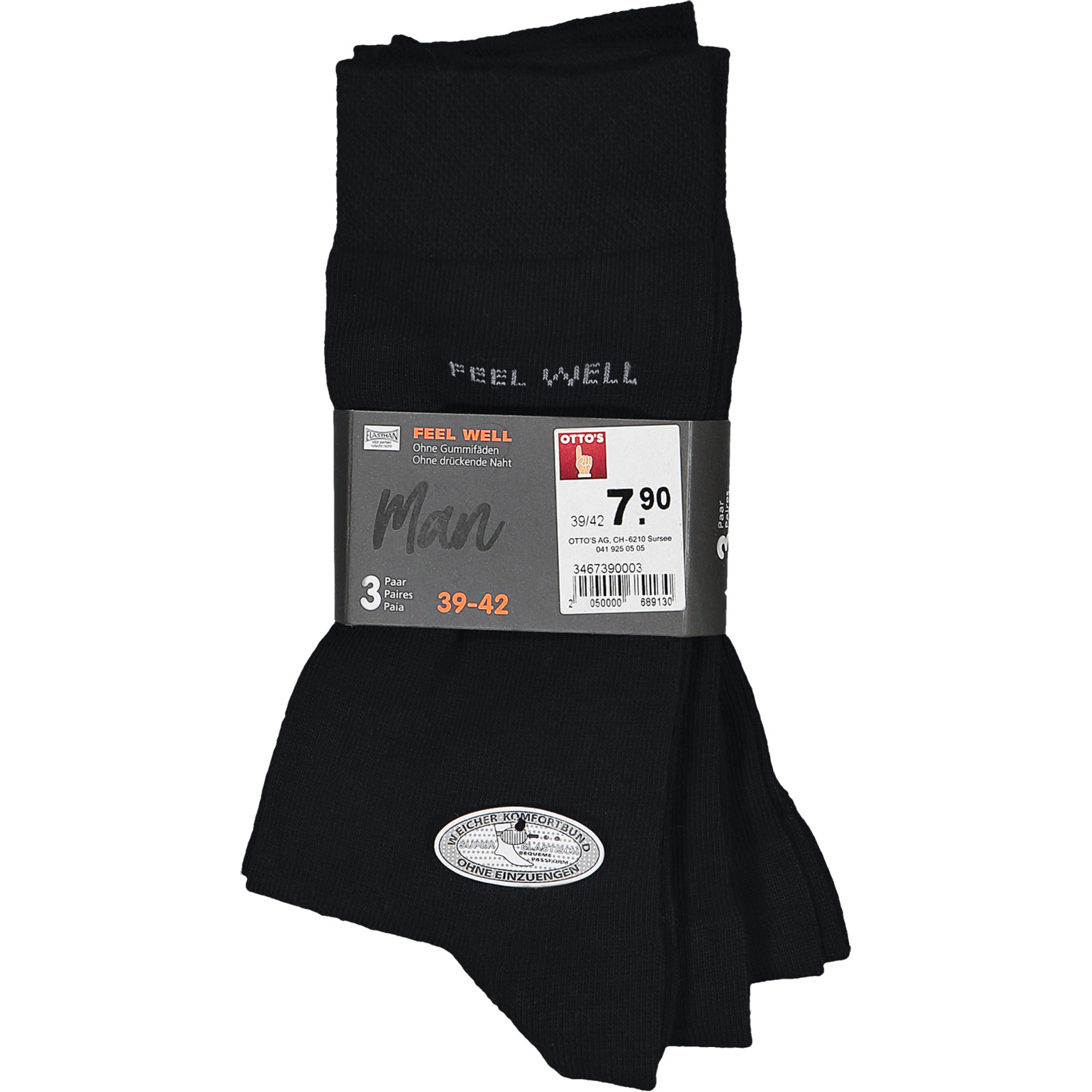 Feel Well Herren-Socken uni, 3 Paar 39-42, schwarz