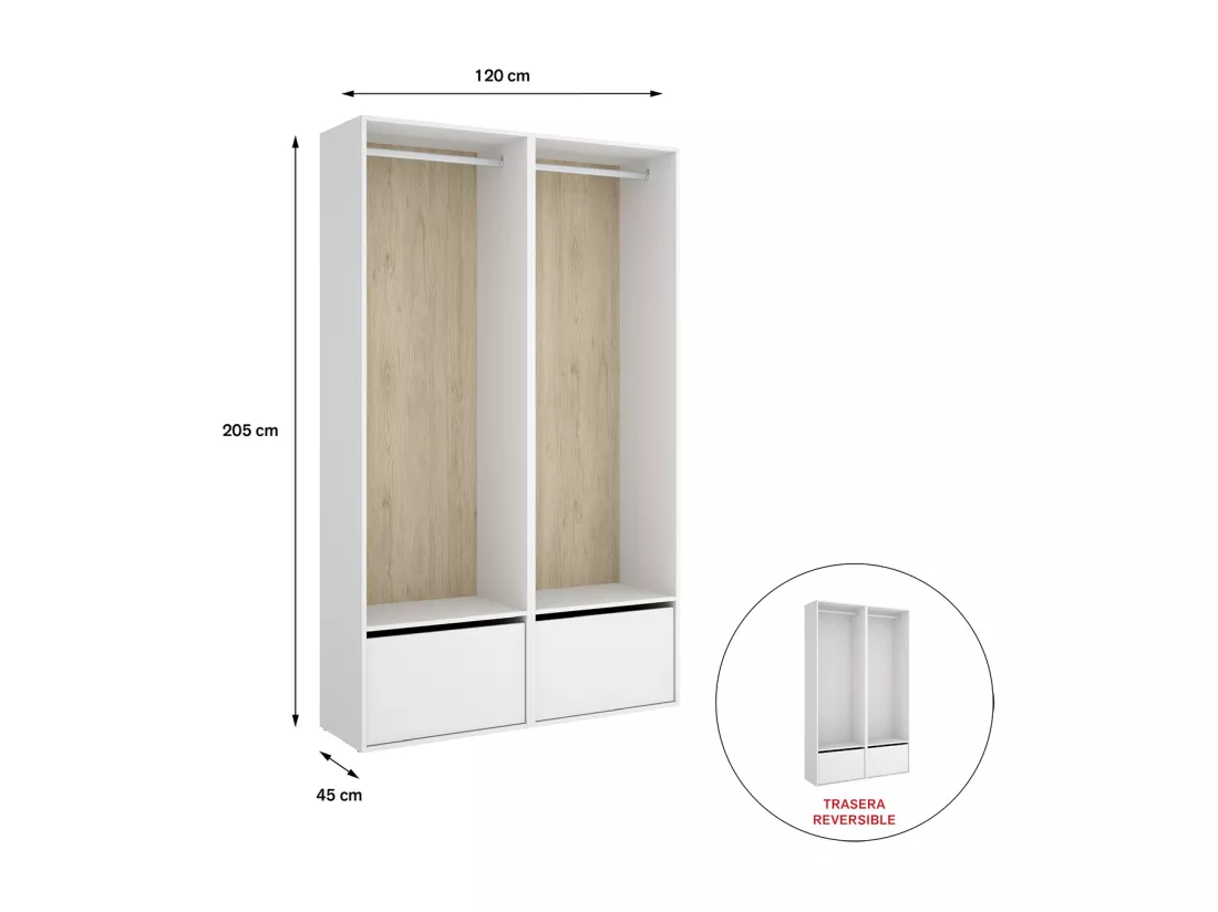 Ensemble dressing avec 2 portes à chaussures et fond d'arrière réversible coloris chêne naturel, blanc - Longueur 120 x Profondeur 45 x Hauteur 205 cm