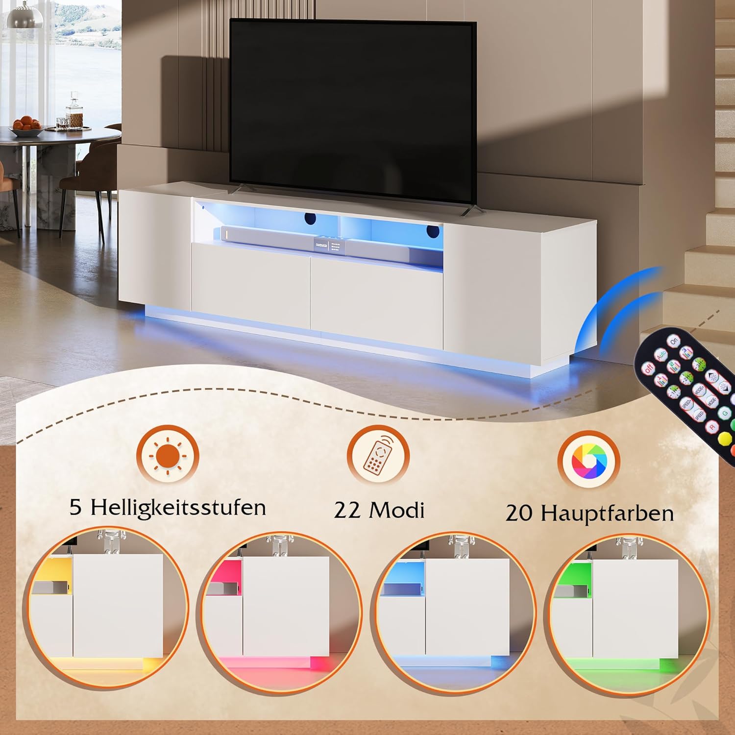 WLIVE TV-Schrank LED für Fernseher bis zu 75 Zoll, TV Lowboard mit Großem Stauraum, Fernsehtisch mit RGB LED-Beleuchtung, TV Board für Wohnzimmer Schlafzimmer, Weiß