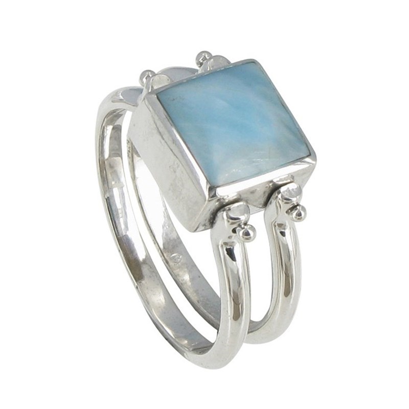Bague Double Anneaux Argent Réversible Carré de Larimar et Ambre