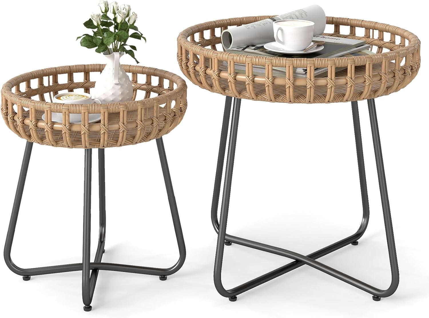 COSTWAY Beistelltisch rund 2er Set, Outdoor Rattan Gartentisch mit Metallrahmen und verstellbaren Füßen, Kleiner Balkontisch, Kaffeetisch für Balkon, Garten, Terrasse, Wohnzimmer CE4817391