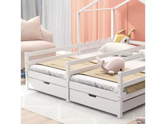 Lit cabane pin massif 2x90x200 cm - avec 2 tiroirs - Blanc