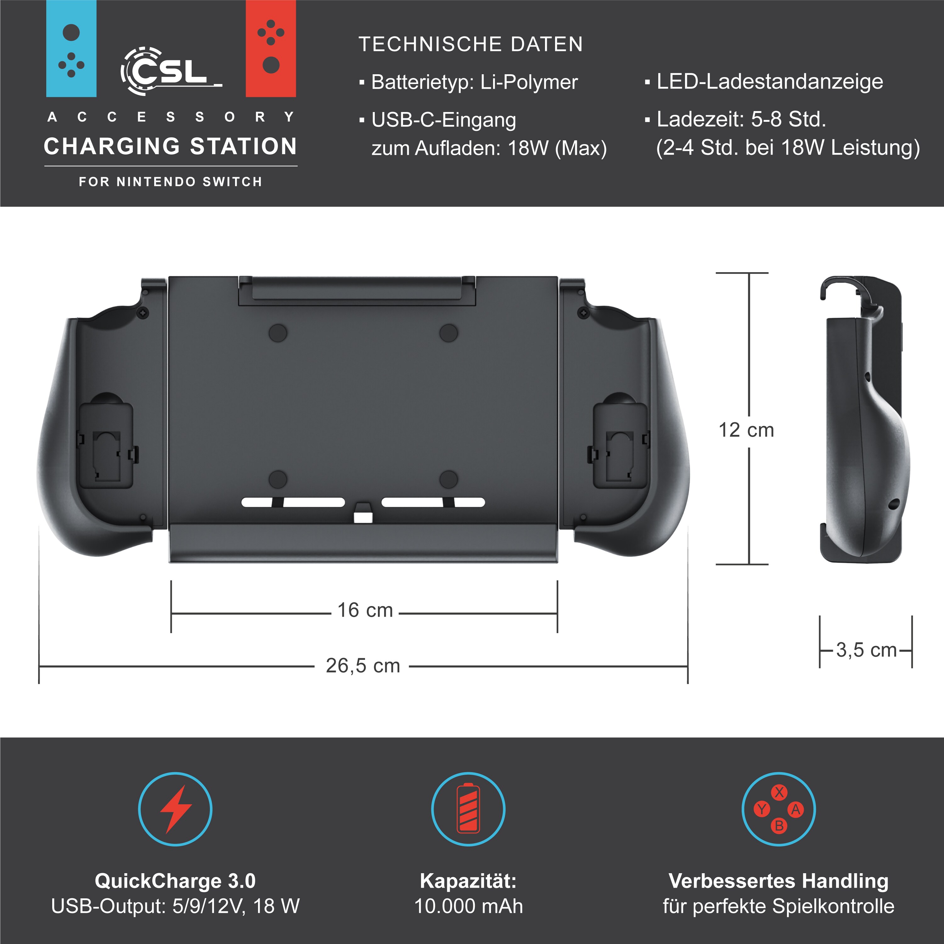 CSL Powerbank für Nintendo Switch mit 10000 mAh - Switch Ladegerät mit Joy-Con-Griffen