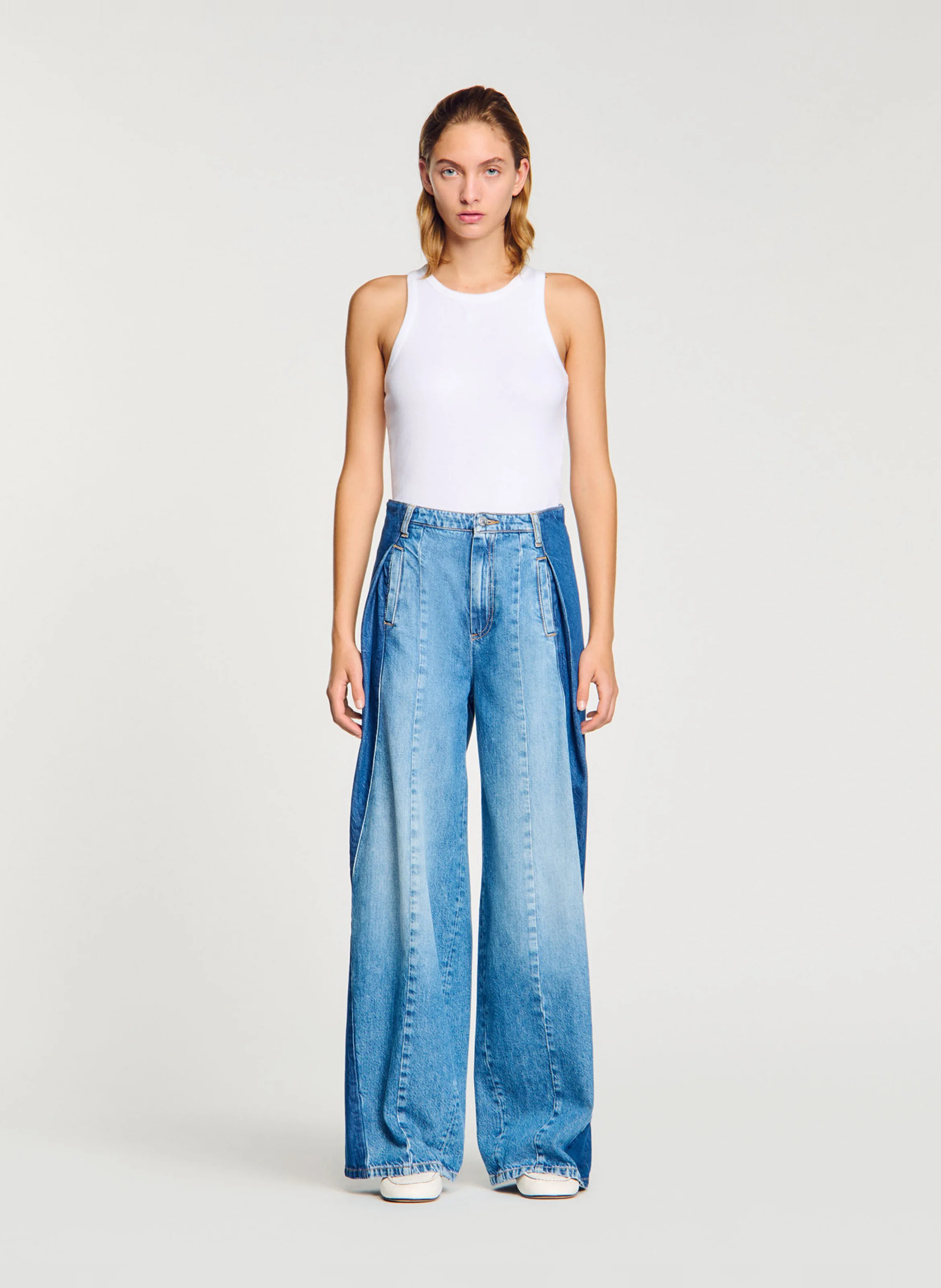 Jean large à empiècements en coton| Bleu