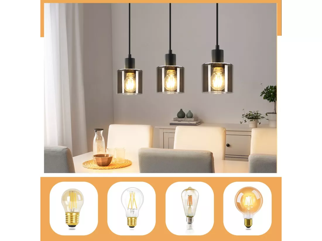 NETTLIFE Suspension Verre Noir Diam.68 cm E27 Vintage 3 Ampoules Lampe de Salle à Manger Lampe à Industrielle Rétro pour Salon Hôtel Bureau