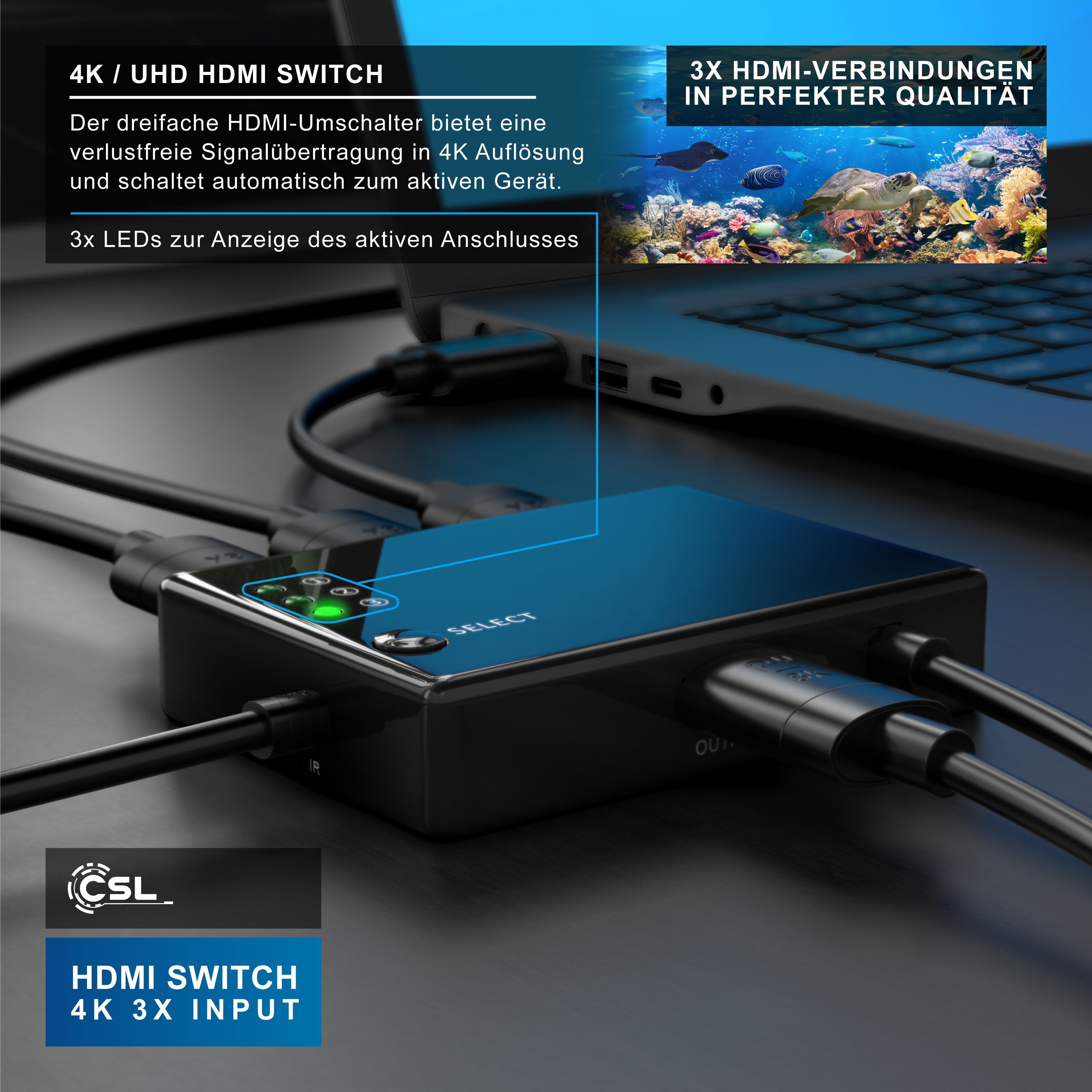 Primewire Audio / Video Matrix-Switch, 3-Port UHD HDMI Switch / Verteiler inkl. Fernbedienung, 4K, 3D, CEC