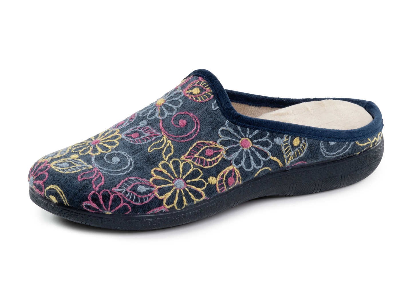 Laurina Pantoffel aus Textilmaterial mit bunter Blumenstickerei