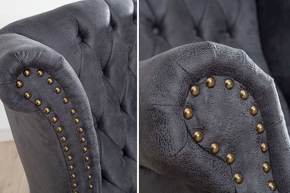 Chesterfield Ohrensessel antik grau Microfaser mit Knopfheftung